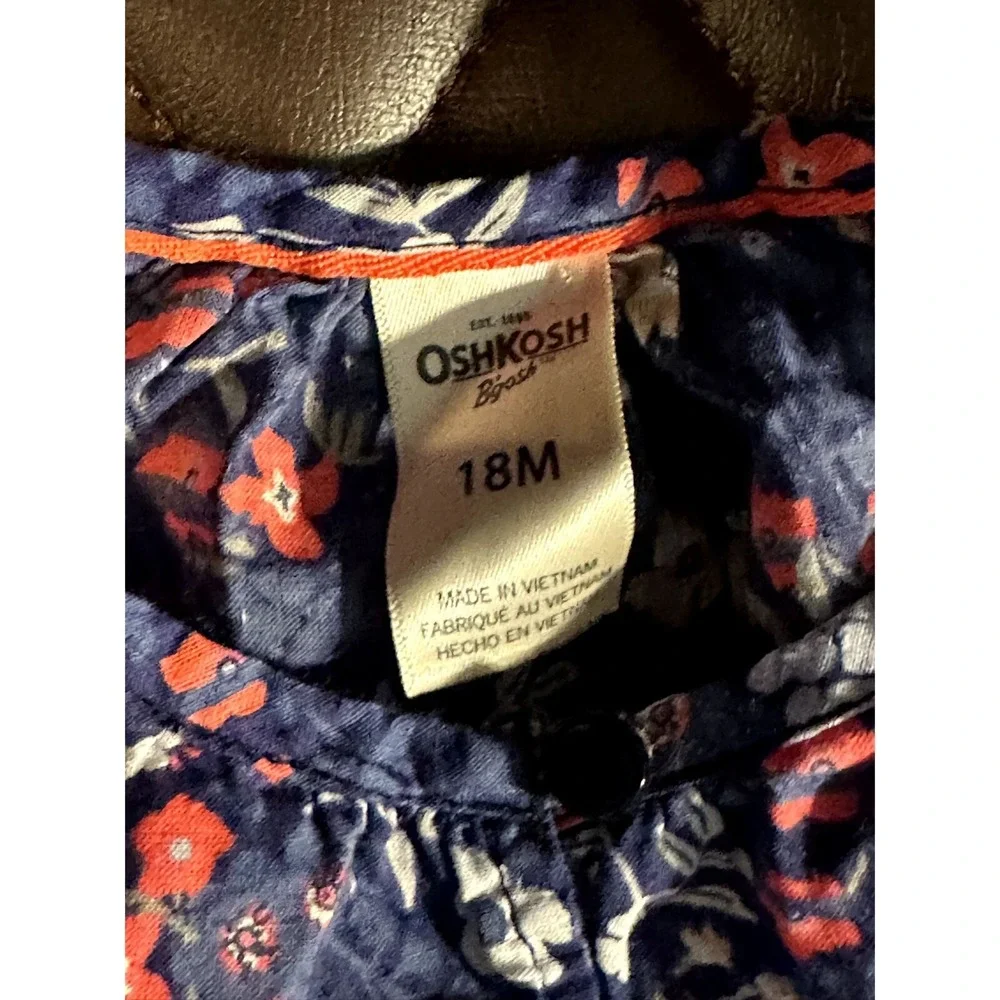 OshKosh Bgosh Baby Girl Floral Blouse Navy Pink Wildflower Cotton Top 18M